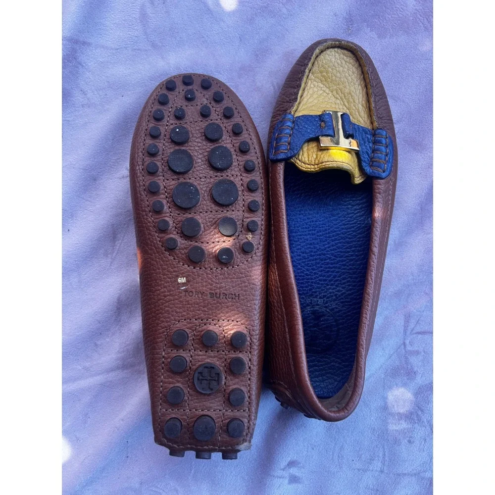 Tory Burch Colorblock Pebbled Leather Driving Loafers Brown Yellow Blue 6M